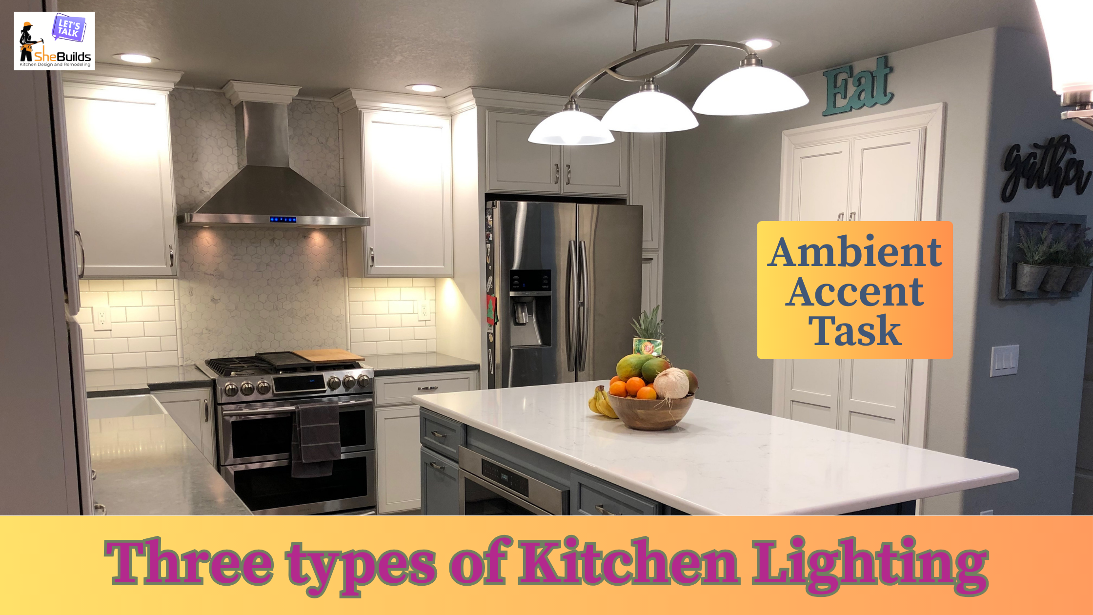 Bright remodeled kitchen featuring white cabinetry, stainless steel range and hood, hexagon tile backsplash, and a large island with pendant lighting. Recessed ceiling lights and under-cabinet lighting demonstrate the three types of kitchen lighting—ambient, accent, and task—highlighted in the graphic titled “Three Types of Kitchen Lighting.”