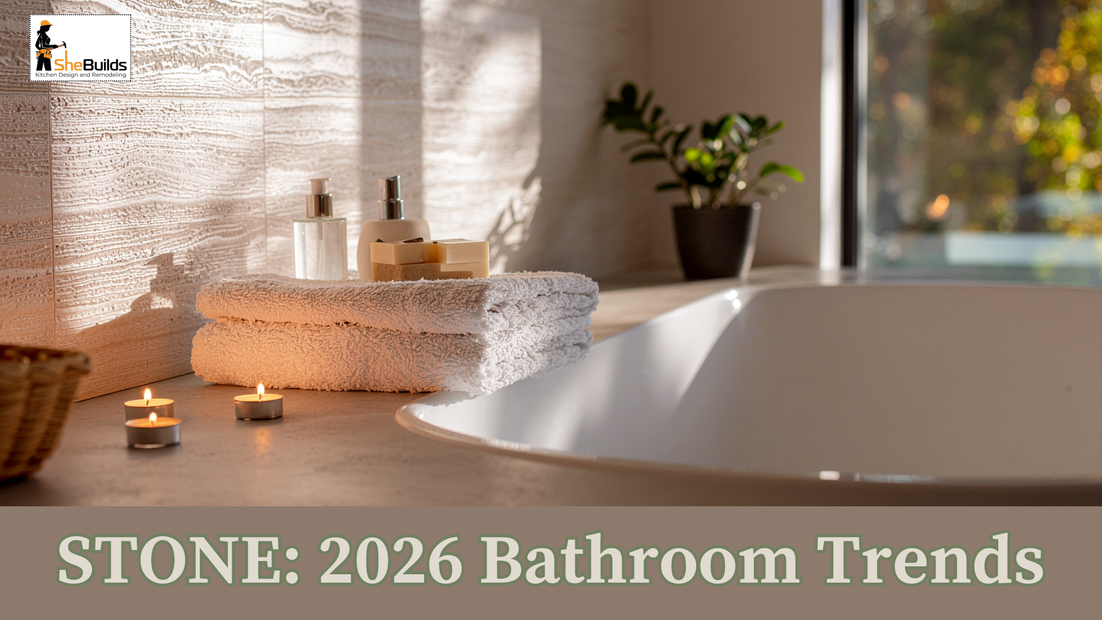 Spa-inspired bathroom with a freestanding soaking tub, textured stone wall, folded white towels, soft candlelight, and warm natural light—illustrating 2026 bathroom design trends focused on calm, wellness, and stone materials.