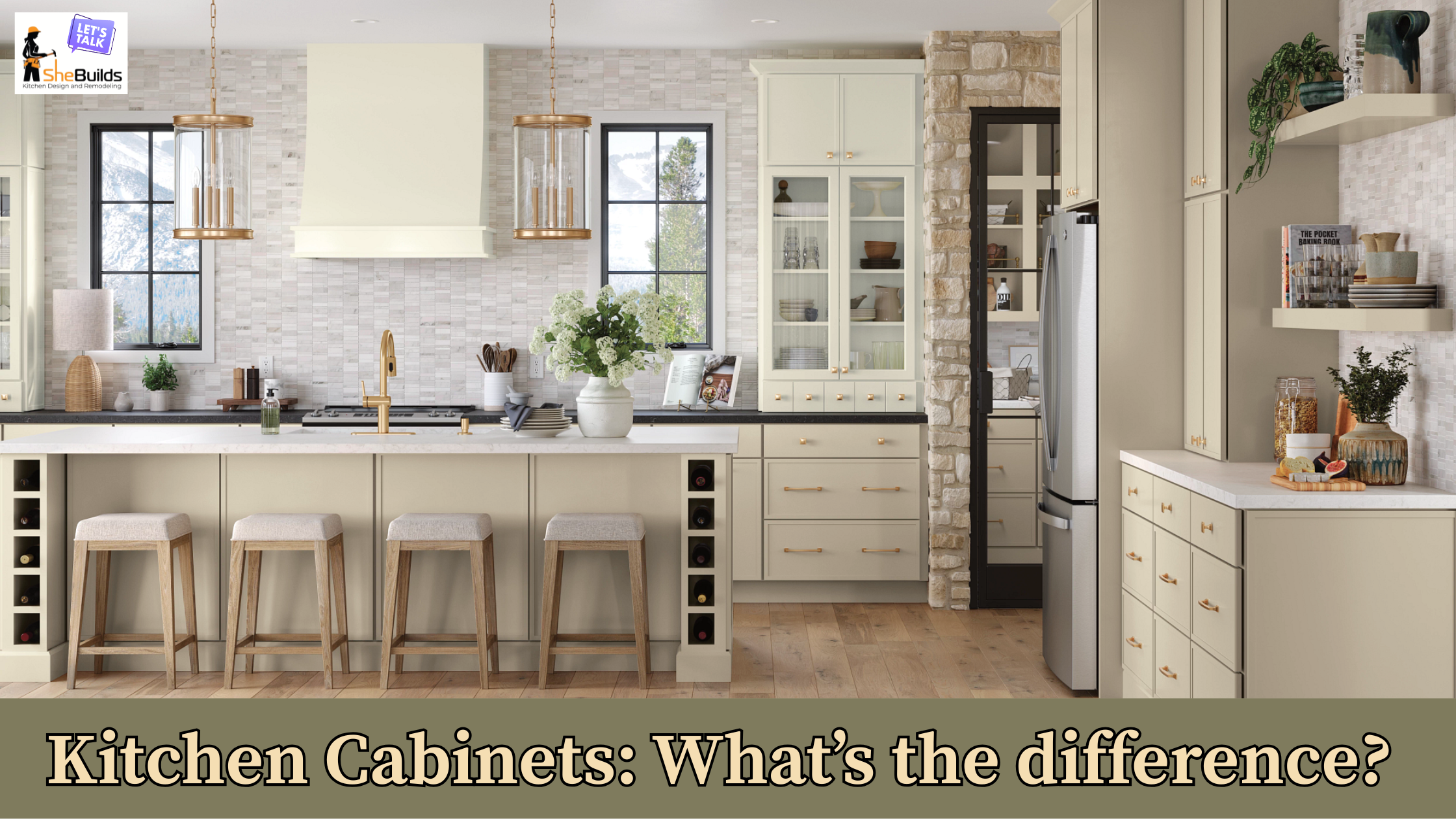 Modern kitchen featuring warm neutral semi-custom cabinetry, a large island with seating, brass hardware and lighting, floating shelves, stone accents, and a hidden butler’s pantry with black framed doors.