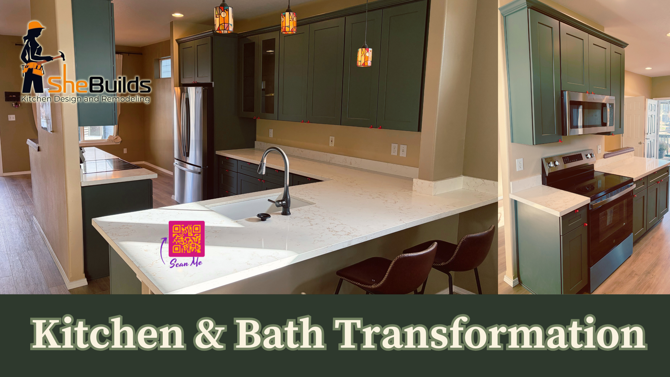 Modern kitchen renovation in West Linn, Oregon featuring green shaker cabinets, white quartz countertops, stainless steel appliances, and updated lighting as part of a kitchen and bath transformation by SheBuilds Kitchens.