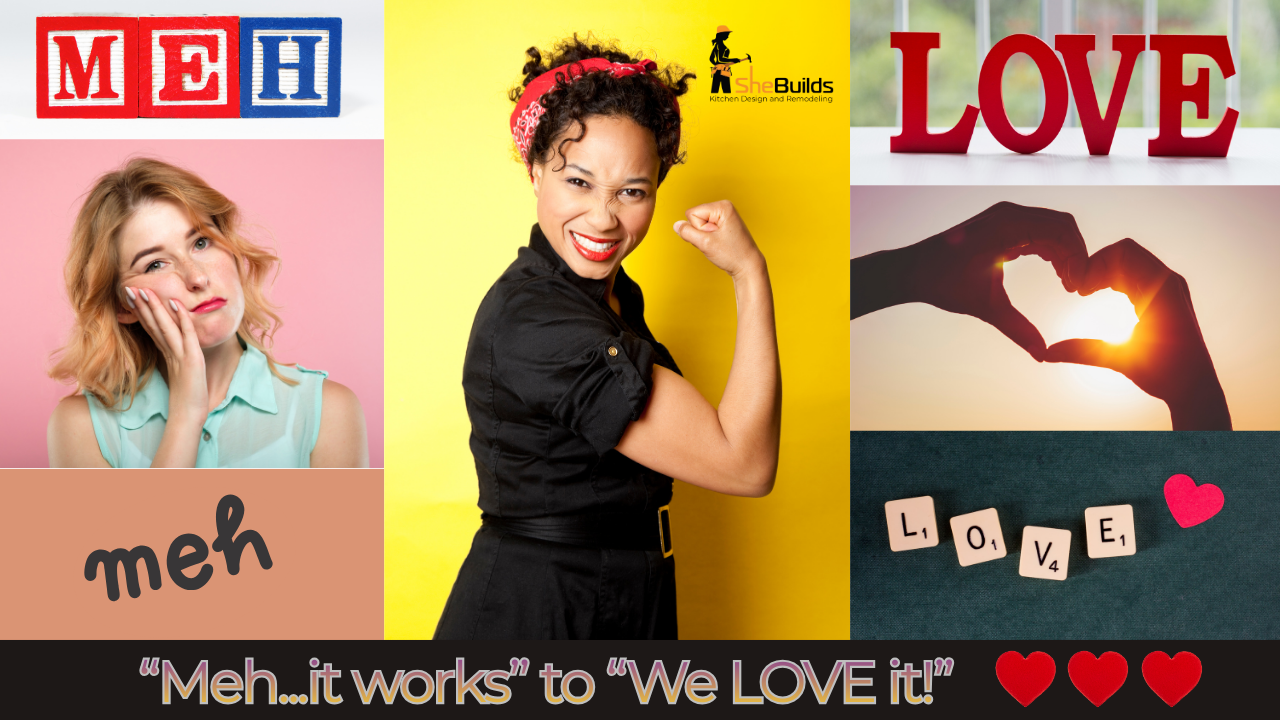 Collage showing a transition from “meh, it works” to “we love it,” featuring neutral and unimpressed expressions on the left and confident, joyful imagery with love symbols on the right, illustrating how thoughtful design transforms how spaces feel.