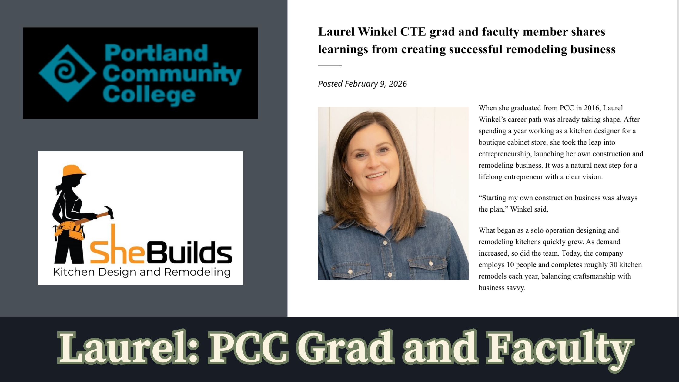Composite graphic featuring Portland Community College logo, SheBuilds Kitchen Design and Remodeling logo, portrait of Laurel Winkel, and headline announcing her journey from PCC graduate to faculty member and successful remodeling business owner.