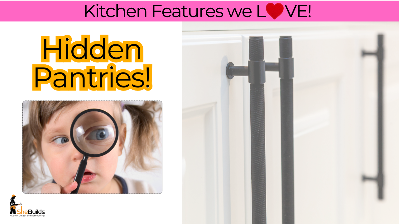 Hidden pantry cabinet doors with matching hardware blend seamlessly into a kitchen design, illustrating a concealed pantry feature that keeps storage out of sight and the kitchen clutter-free.