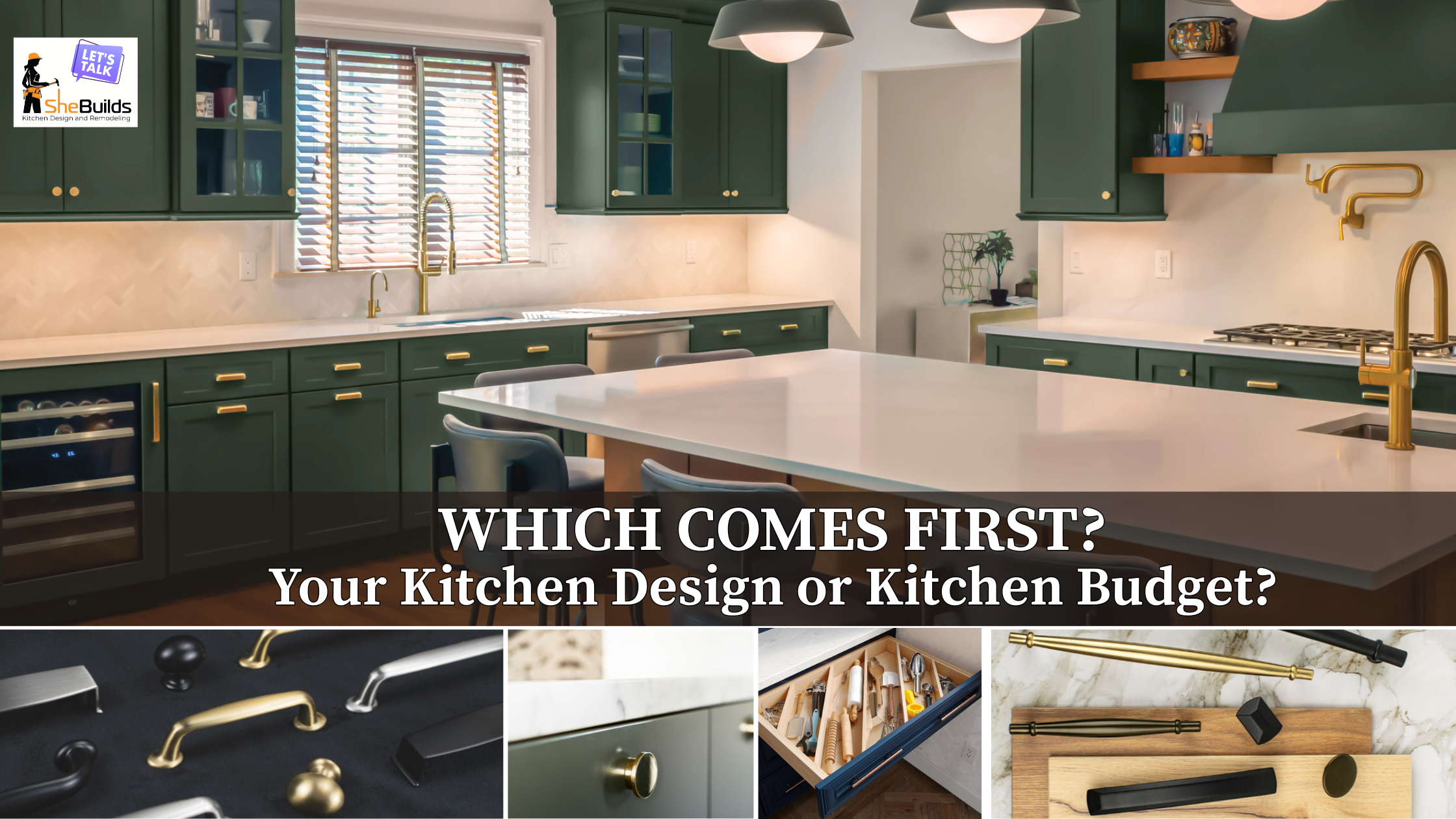 Green kitchen with white countertops, brass fixtures and hardware, plus close-up images of cabinet hardware and storage details.