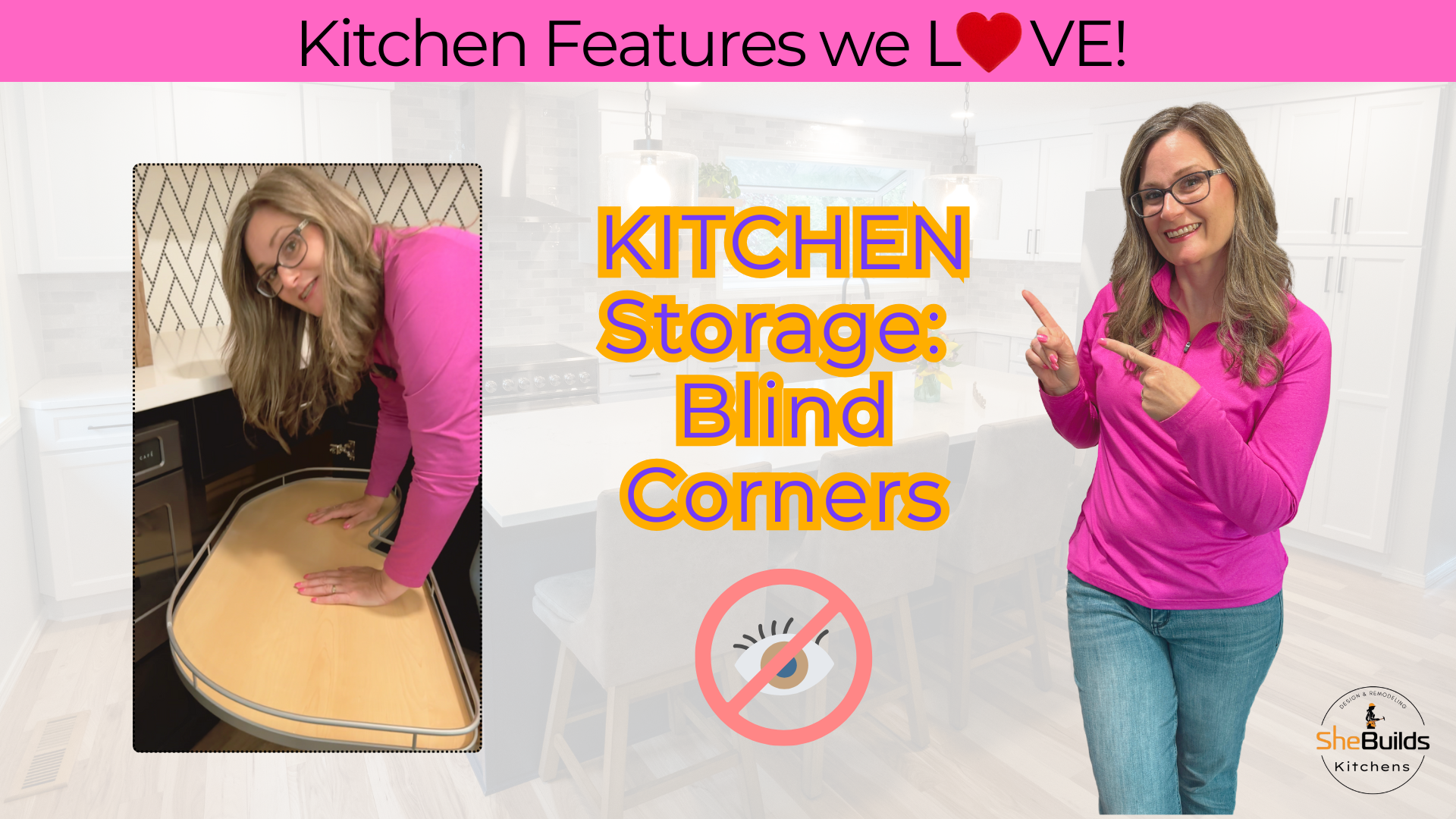 SheBuilds Kitchens owner demonstrating a pull-out blind corner cabinet that brings hidden kitchen storage fully into view, improving access and eliminating hard-to-reach corner space.
