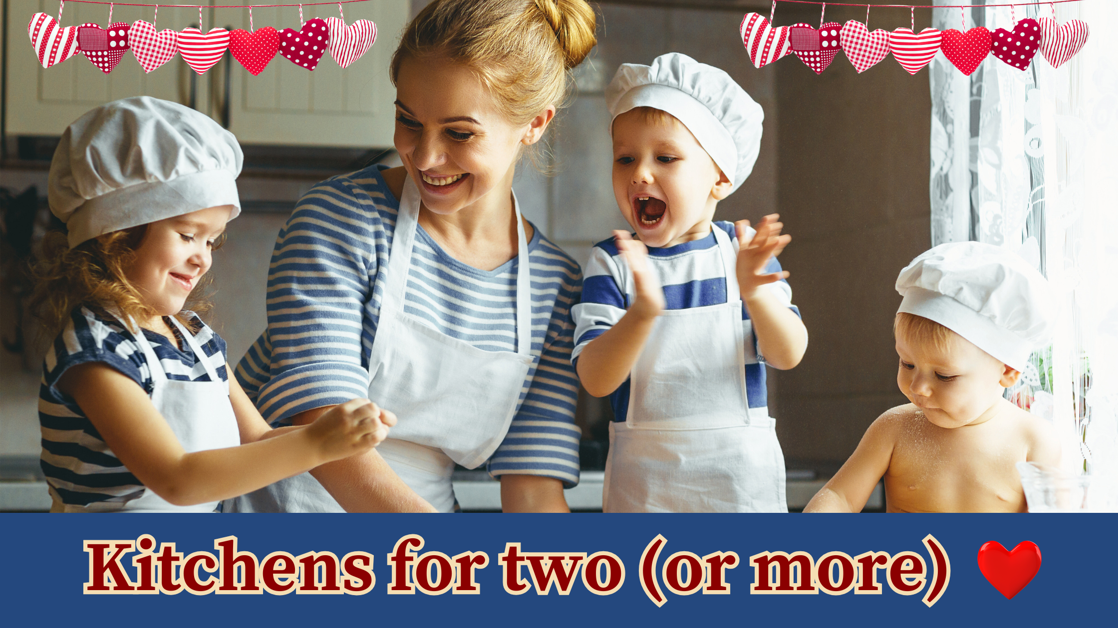 Shared kitchen moment with an adult and children cooking side by side, illustrating how kitchens are designed for more than one person to use together.