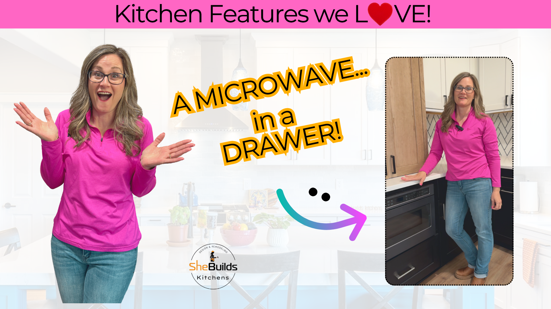 SheBuilds Kitchens owner standing beside a built-in microwave drawer, highlighting an accessible kitchen feature designed for safety, convenience, and universal use.