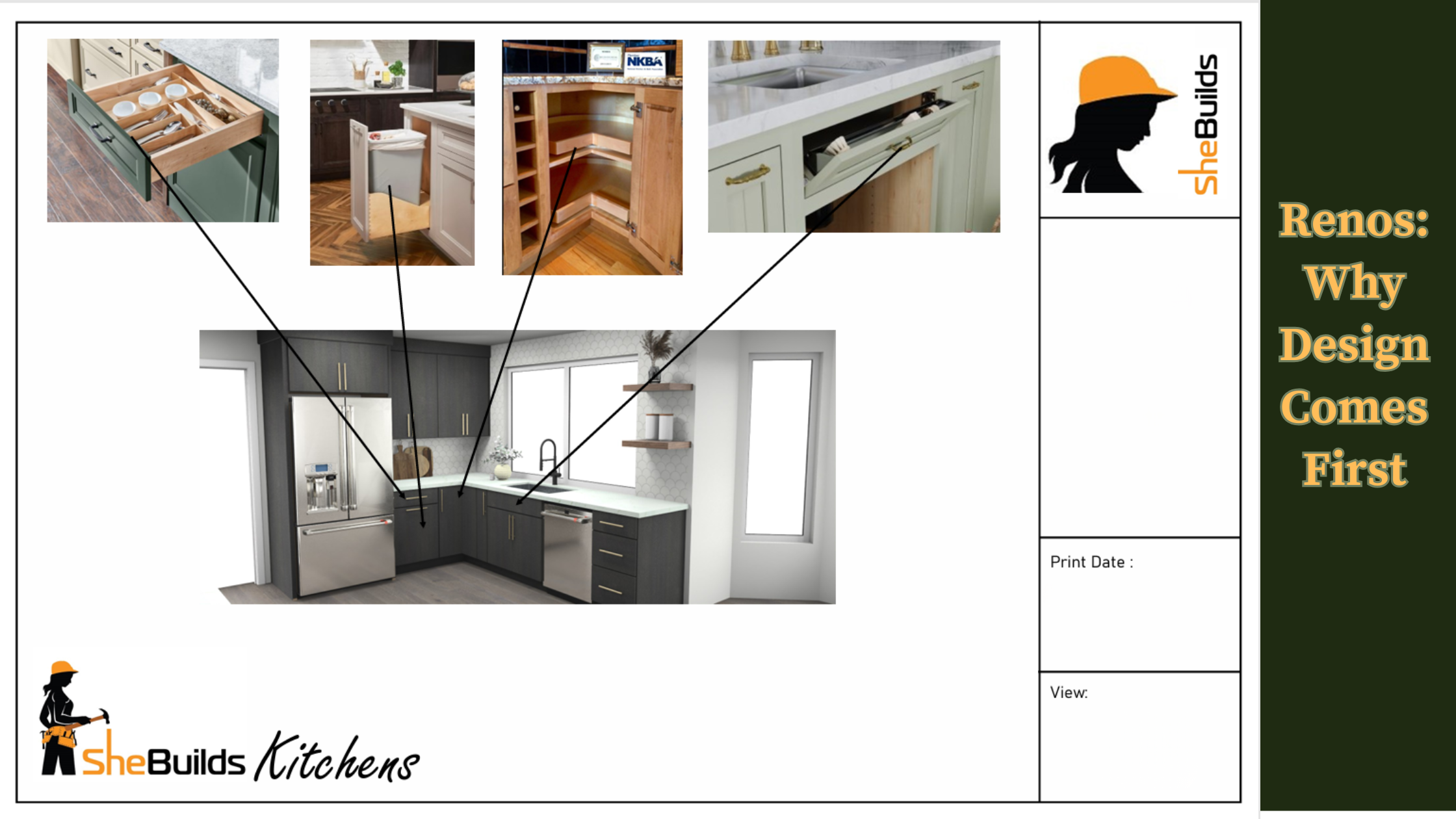 Kitchen design rendering featuring dark cabinetry, stainless steel appliances, and functional storage solutions including a utensil drawer organizer, pull-out trash cabinet, blind corner shelving, and appliance lift, illustrating why thoughtful kitchen design comes first in a renovation.