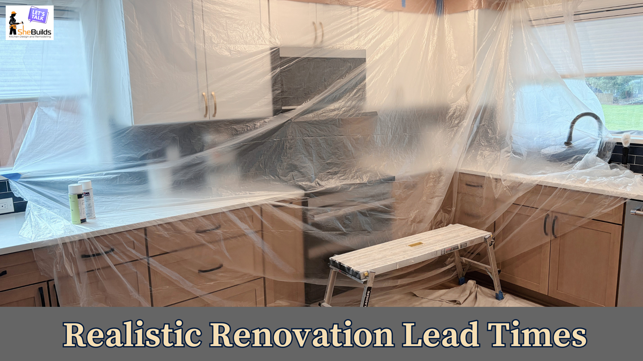 A residential kitchen under renovation with cabinets, countertops, and appliances covered by clear plastic sheeting. A small step stool stands in the center while the space is prepared for ongoing remodeling work.