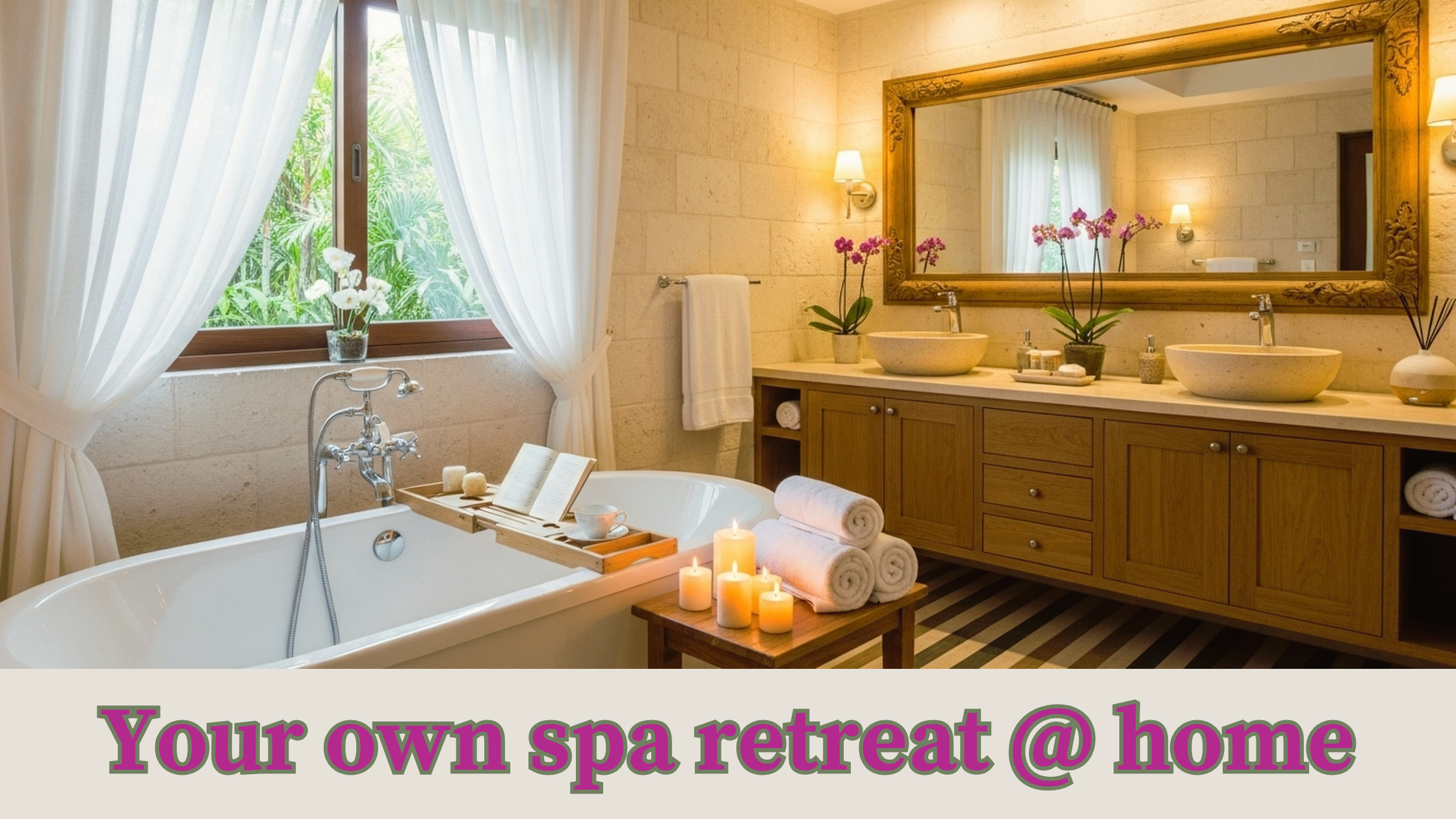 Spa-inspired bathroom with a freestanding soaking tub, double wood vanity, stone walls, soft lighting, candles, and folded towels, creating a calm and luxurious at-home spa retreat atmosphere.