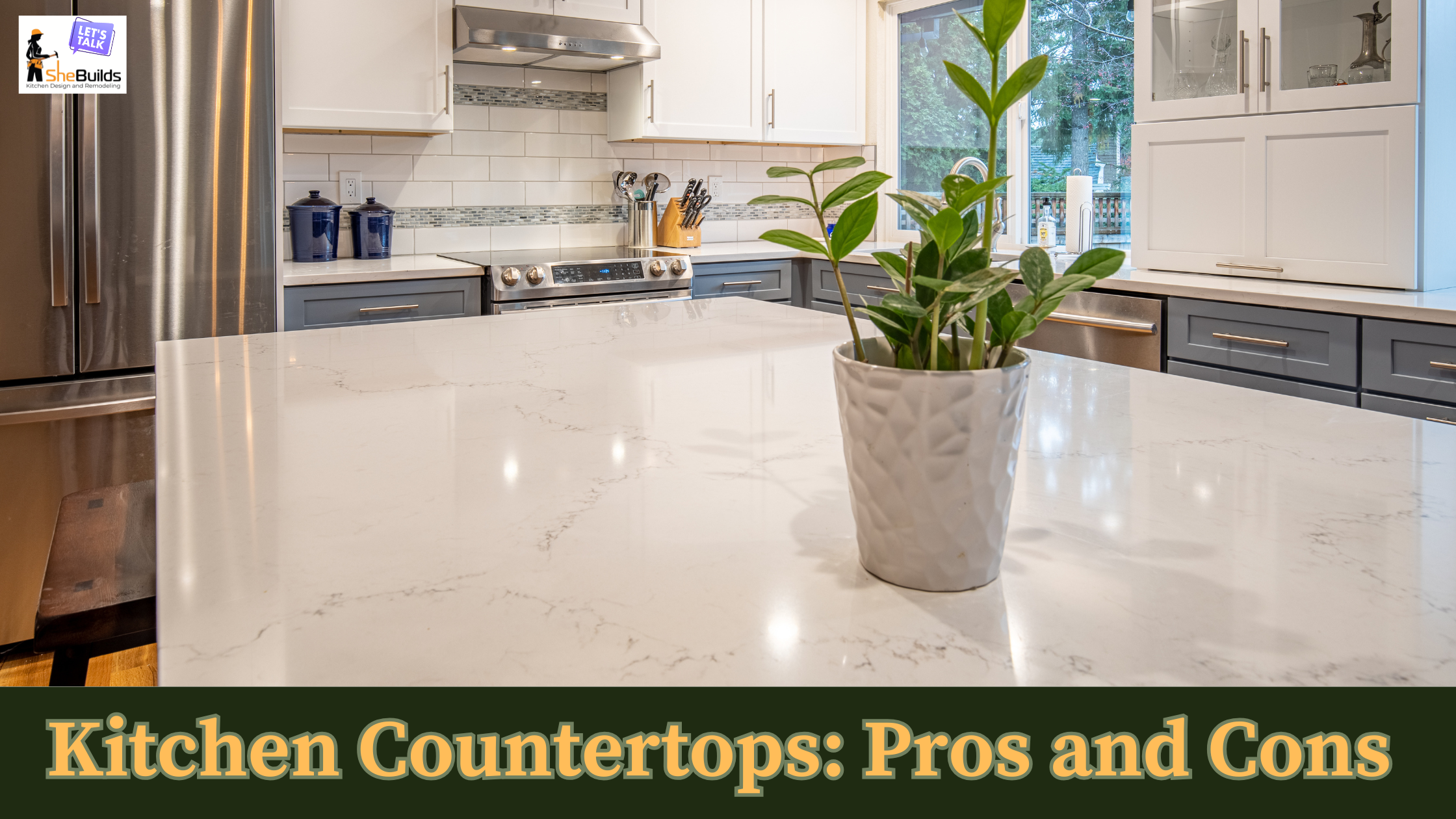 Modern kitchen with white quartz countertops, gray and white cabinets, subway tile backsplash, stainless steel appliances, and large island—example for kitchen countertop pros and cons comparison.
